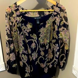 INC Large Black / Print Blouse Sheer sleeve
